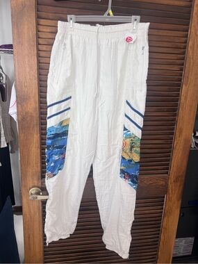 Vintage Nike White nylon Track Pants with Blue Print Panels-thrifted in Belgium